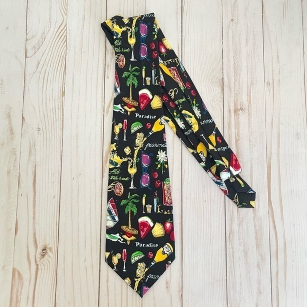 Vintage 90s Nicole Miller Silk Novelty Print Tie Colorful Graphic Paradise